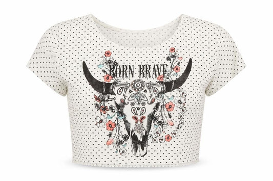 Bershka Girls White Polka Dot Polyester Cropped T-Shirt Size S Round Neck Pullover