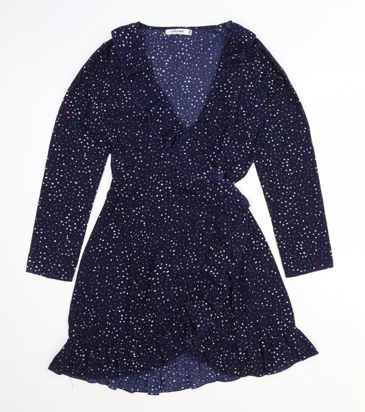 Jubylee Womens Blue Geometric Viscose Fit & Flare Size M V-Neck Tie