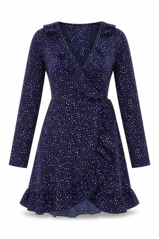 Jubylee Womens Blue Geometric Viscose Fit & Flare Size M V-Neck Tie