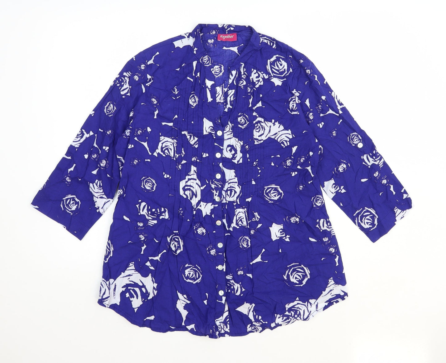 Together Womens Blue Geometric 100% Cotton Basic Button-Up Size M V-Neck