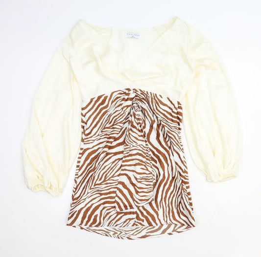 Ei8th Hour Womens Ivory Animal Print Polyester Mini Size 14 V-Neck Zip