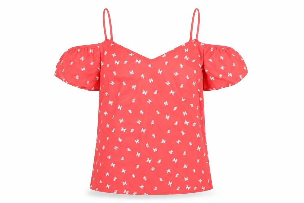 Papaya Womens Pink Geometric Polyester Basic Blouse Size 12 Off the Shoulder - Butterfly