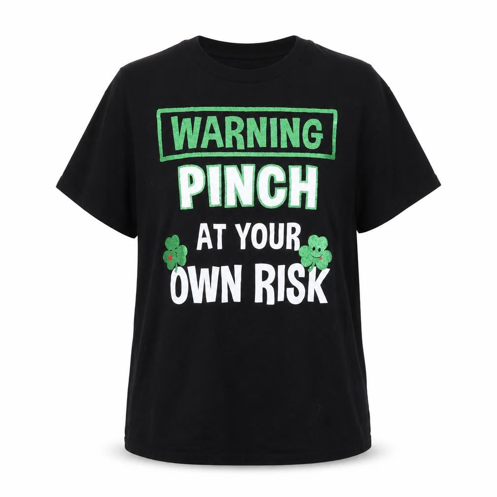 St Patricks Day Womens Black Cotton Basic T-Shirt Size L Round Neck - Pinch At Your Own Risk