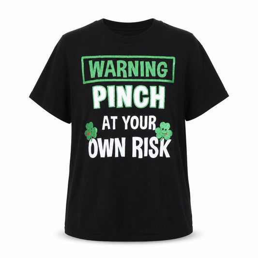 St Patricks Day Womens Black Cotton Basic T-Shirt Size L Round Neck - Pinch At Your Own Risk