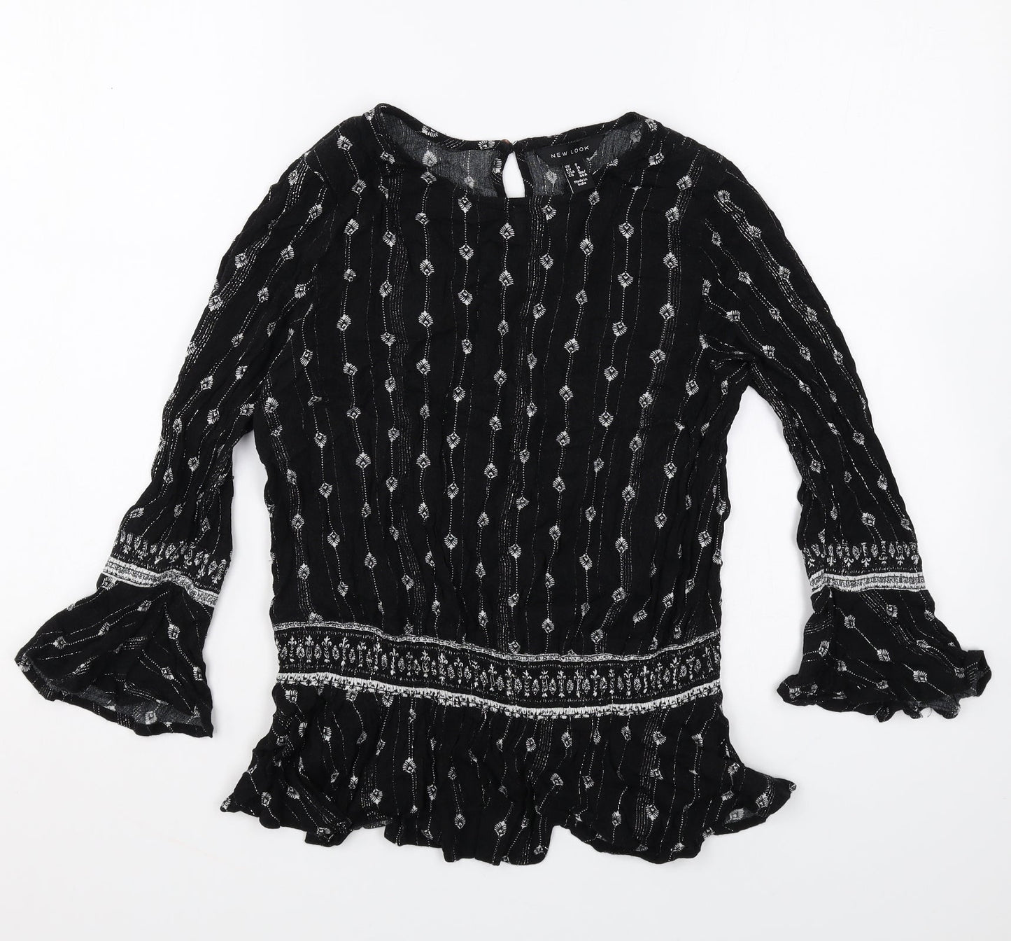 New Look Womens Black Geometric Polyester Basic Blouse Size 8 Round Neck