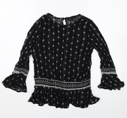 New Look Womens Black Geometric Polyester Basic Blouse Size 8 Round Neck
