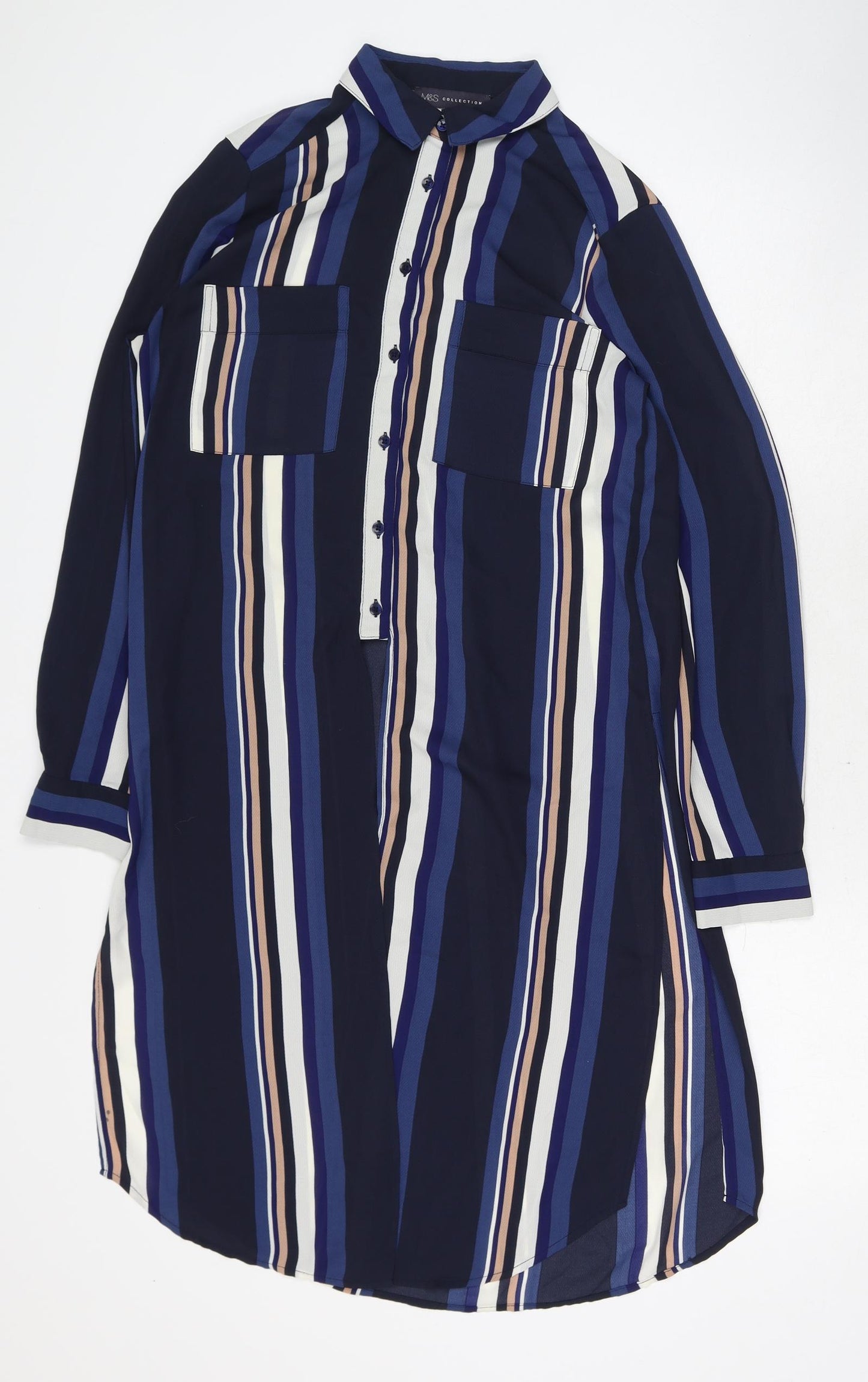 Marks and Spencer Womens Blue Striped Polyester Basic Blouse Size 8 Collared