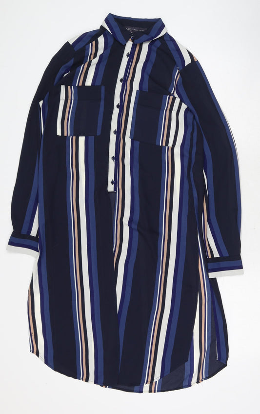 Marks and Spencer Womens Blue Striped Polyester Basic Blouse Size 8 Collared