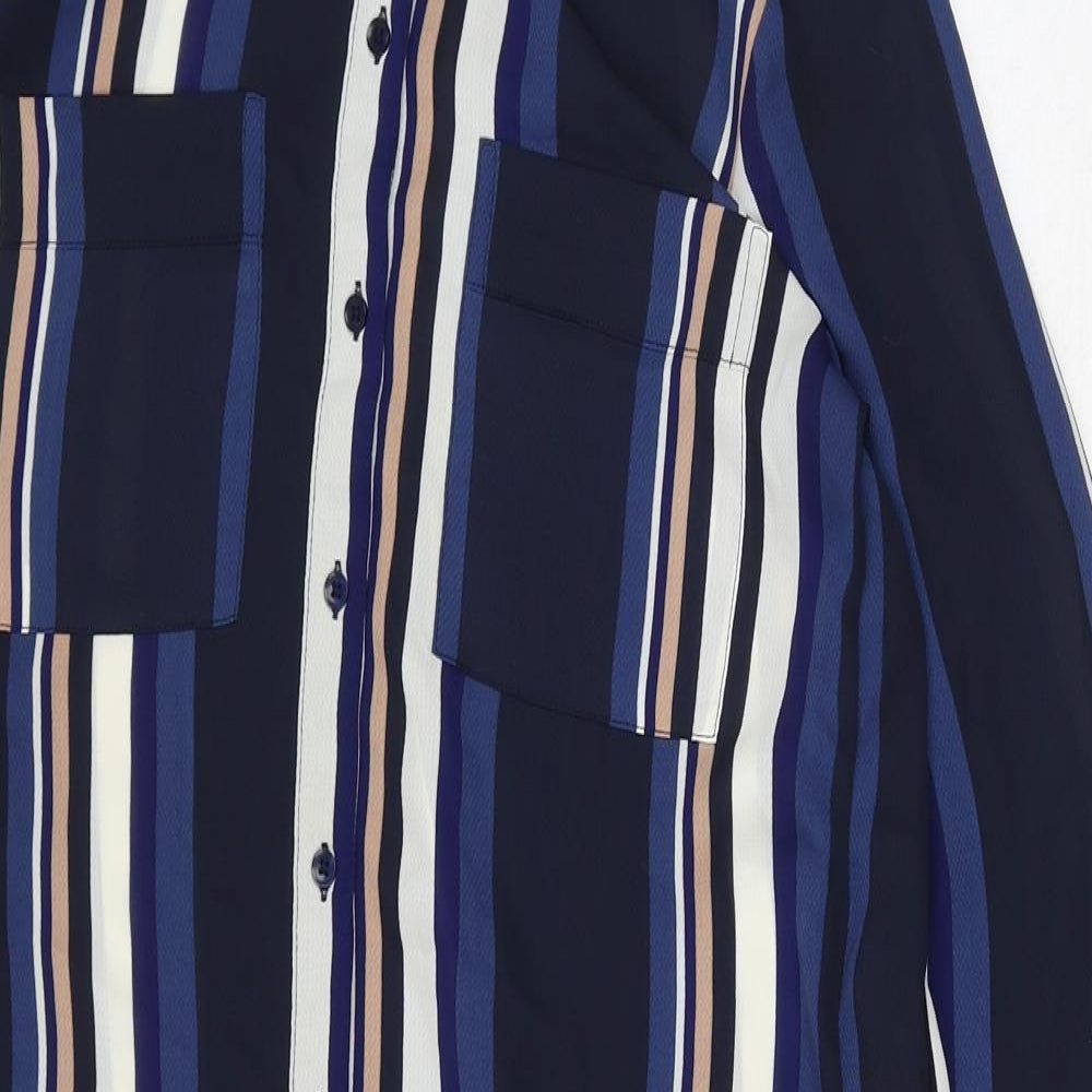 Marks and Spencer Womens Blue Striped Polyester Basic Blouse Size 8 Collared