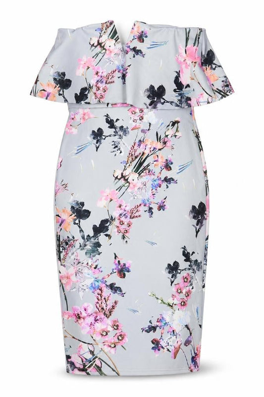 PRETTYLITTLETHING Womens Grey Floral Polyester Pencil Dress Size 10 Off the Shoulder Pullover