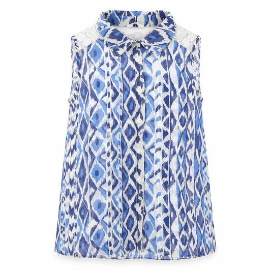 Kylie Girls Blue Geometric Polyester Basic Tank Size 13 Years V-Neck Button - Lace Detail