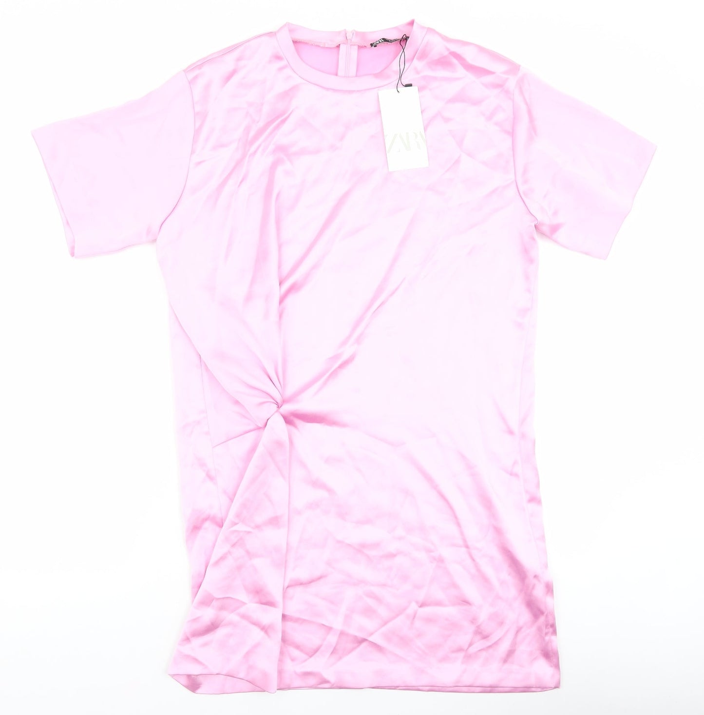 Zara Womens Pink Polyester T-Shirt Dress Size L Crew Neck Pullover - Twist Detail