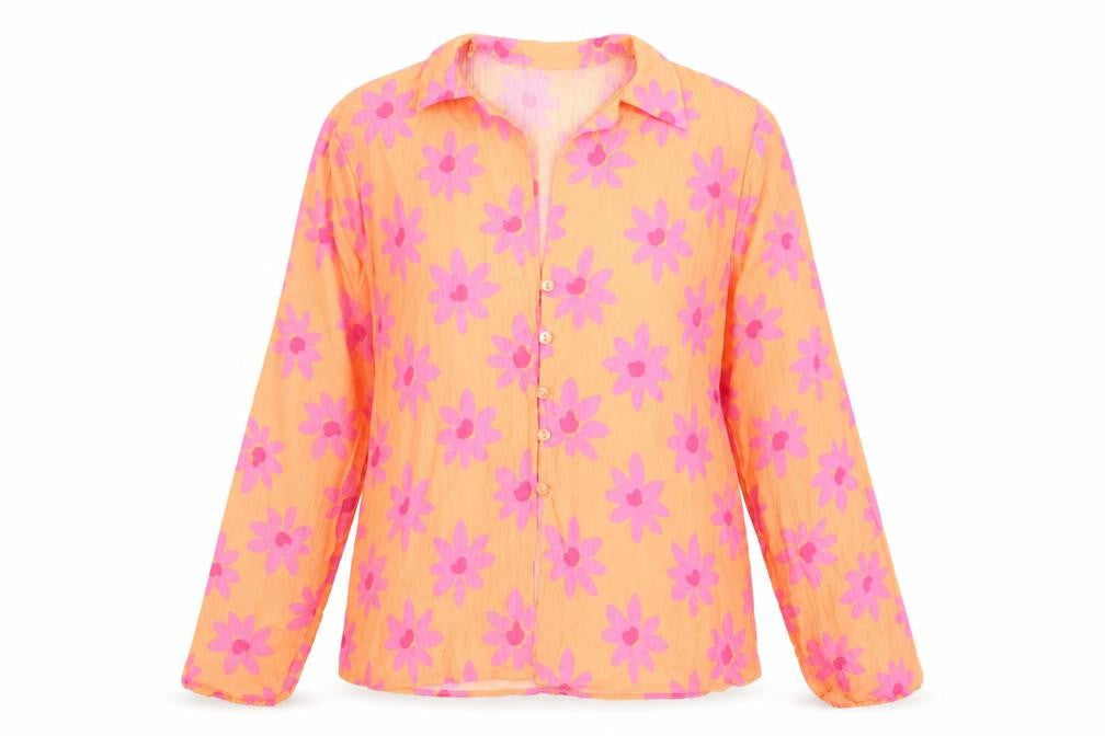 Primark Womens Orange Floral Polyester Basic Button-Up Size 8 V-Neck