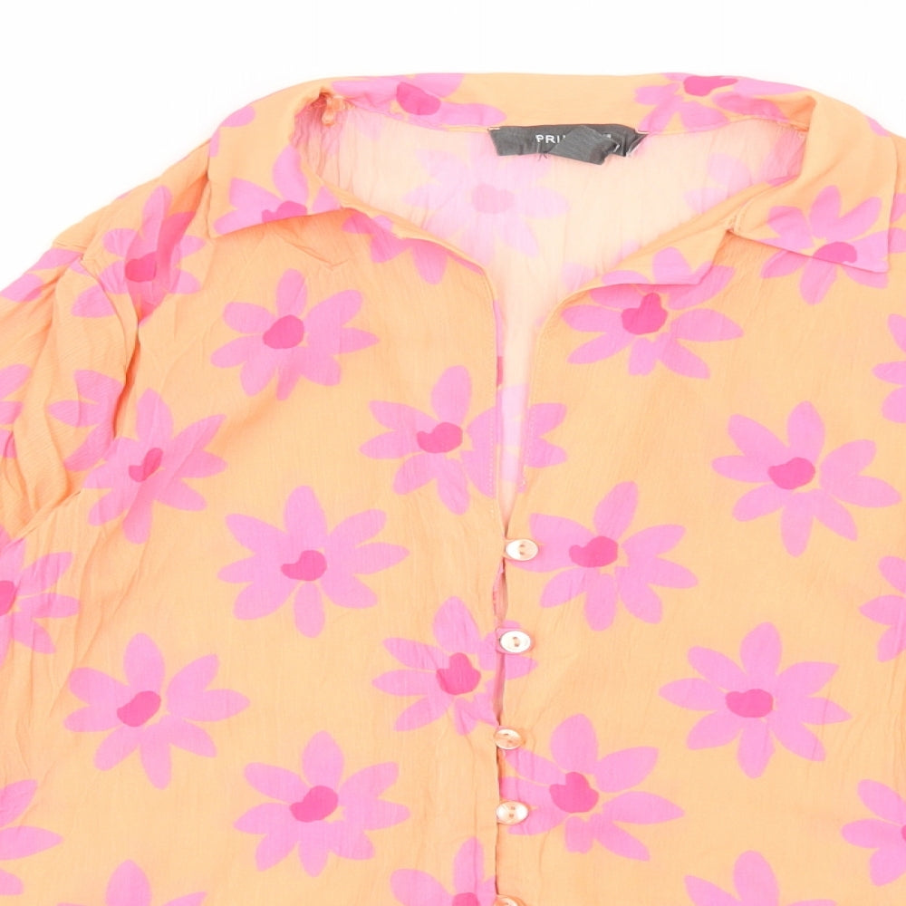 Primark Womens Orange Floral Polyester Basic Button-Up Size 8 V-Neck