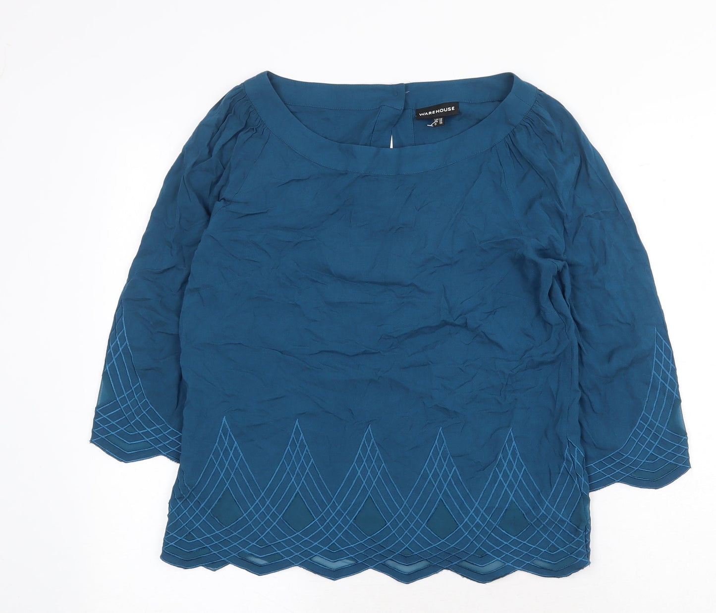 Warehouse Womens Green Geometric Viscose Basic Blouse Size 10 Boat Neck