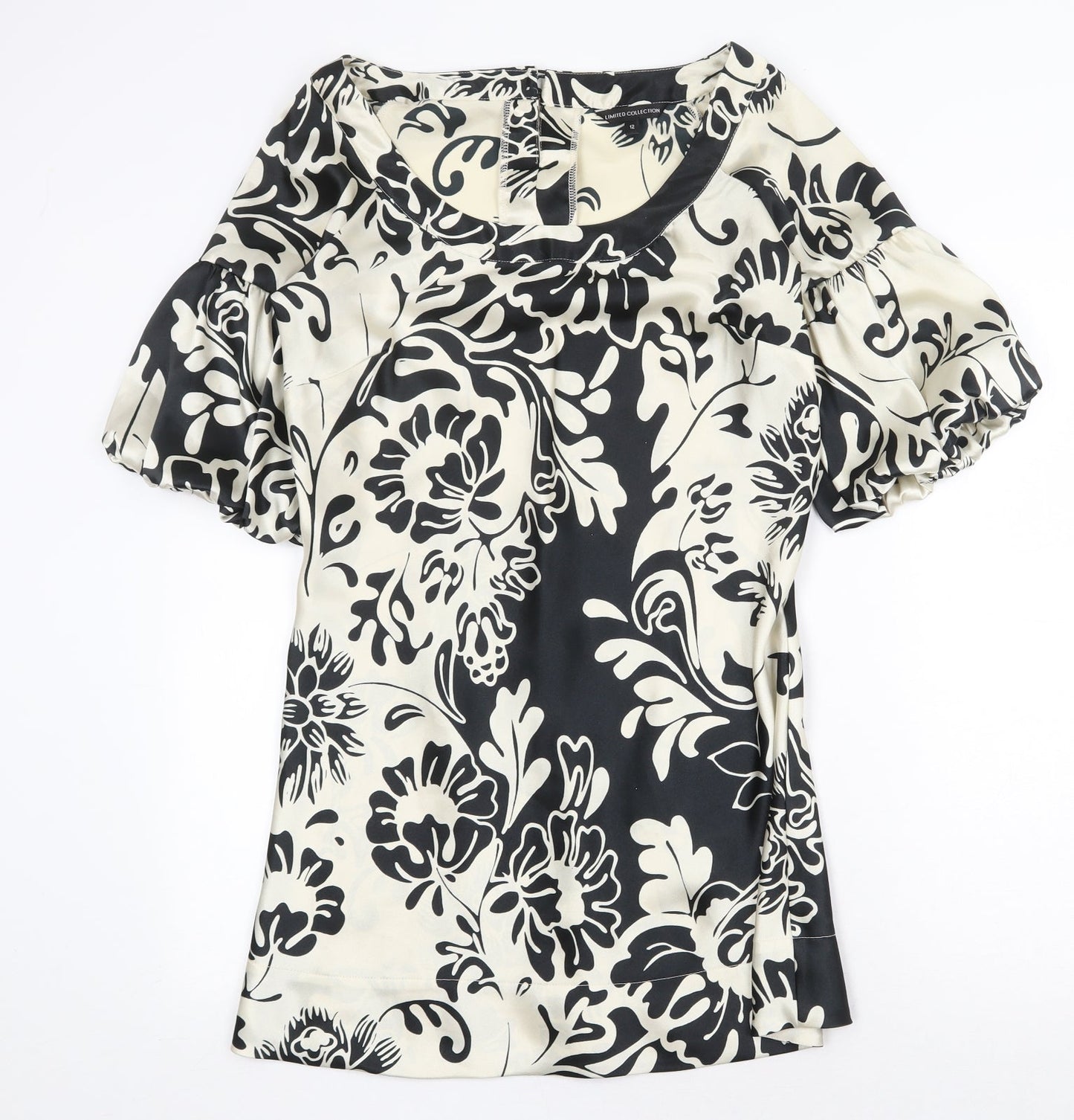 Marks and Spencer Womens Black Floral Polyester Shift Size 12 Boat Neck Button