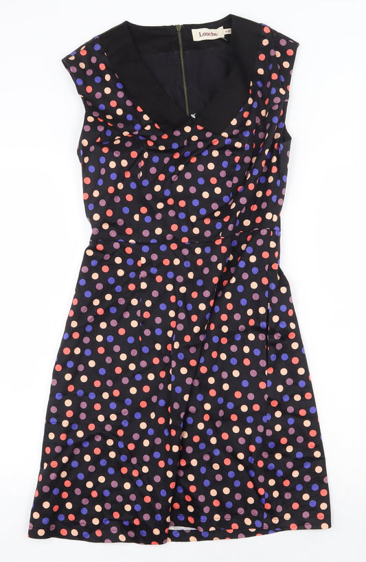 Louche Womens Black Polka Dot Cotton Fit & Flare Size 8 Collared Zip