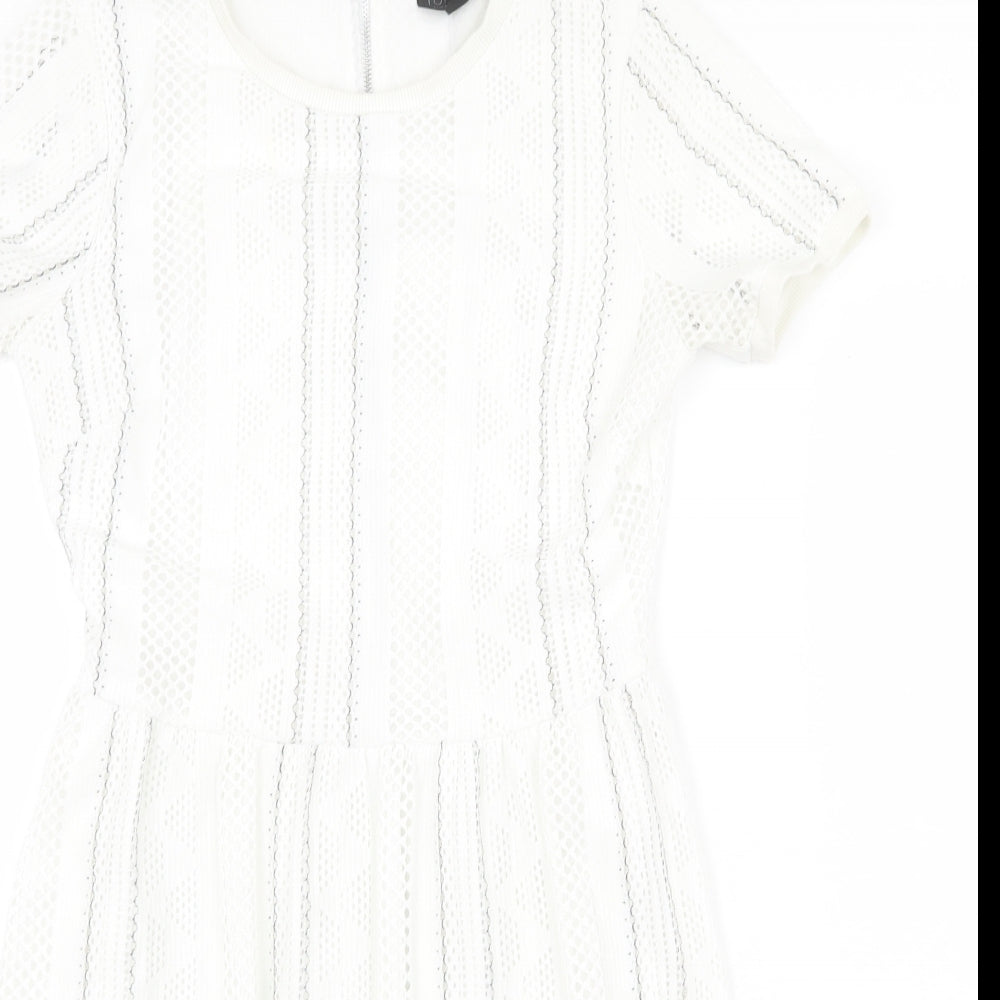Topshop Womens White Striped Polyester Fit & Flare Size 8 Round Neck Zip