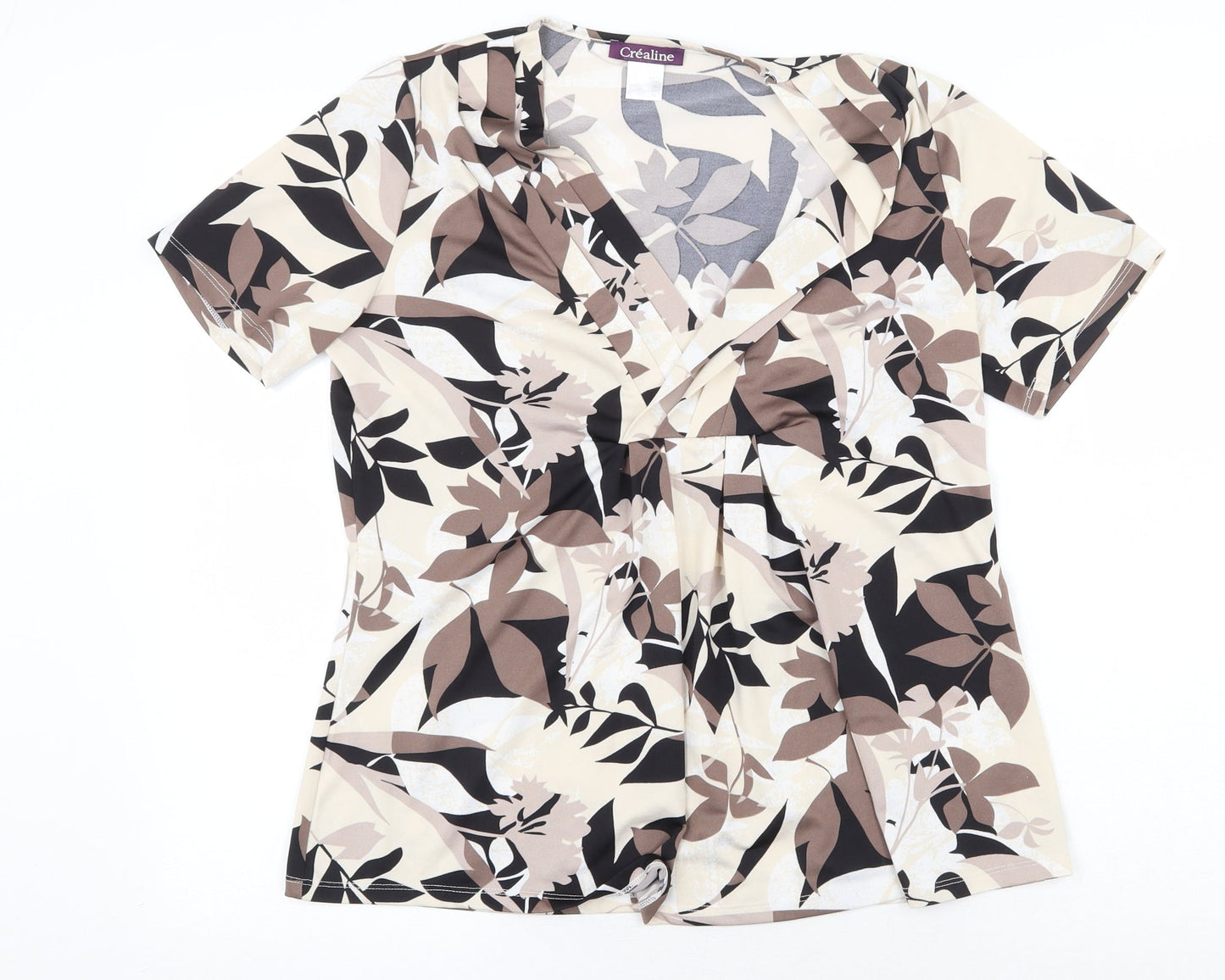 Crealine Womens Beige Geometric Polyester Basic T-Shirt Size 14 V-Neck - Leaf Print