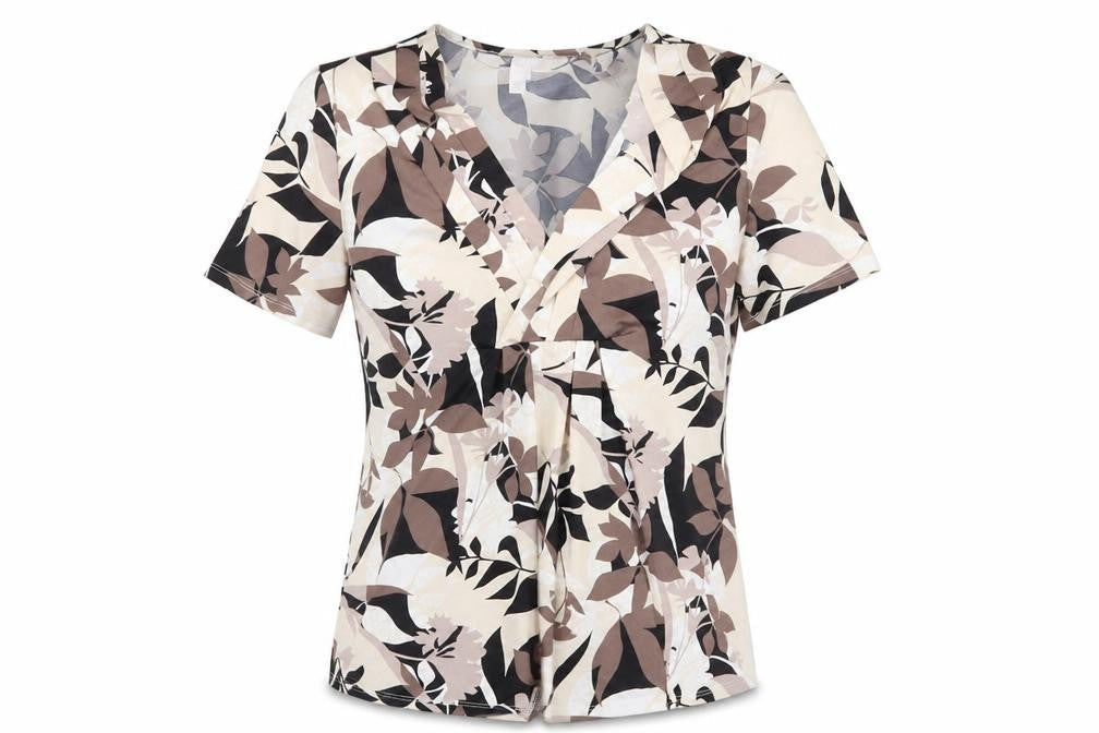 Crealine Womens Beige Geometric Polyester Basic T-Shirt Size 14 V-Neck - Leaf Print
