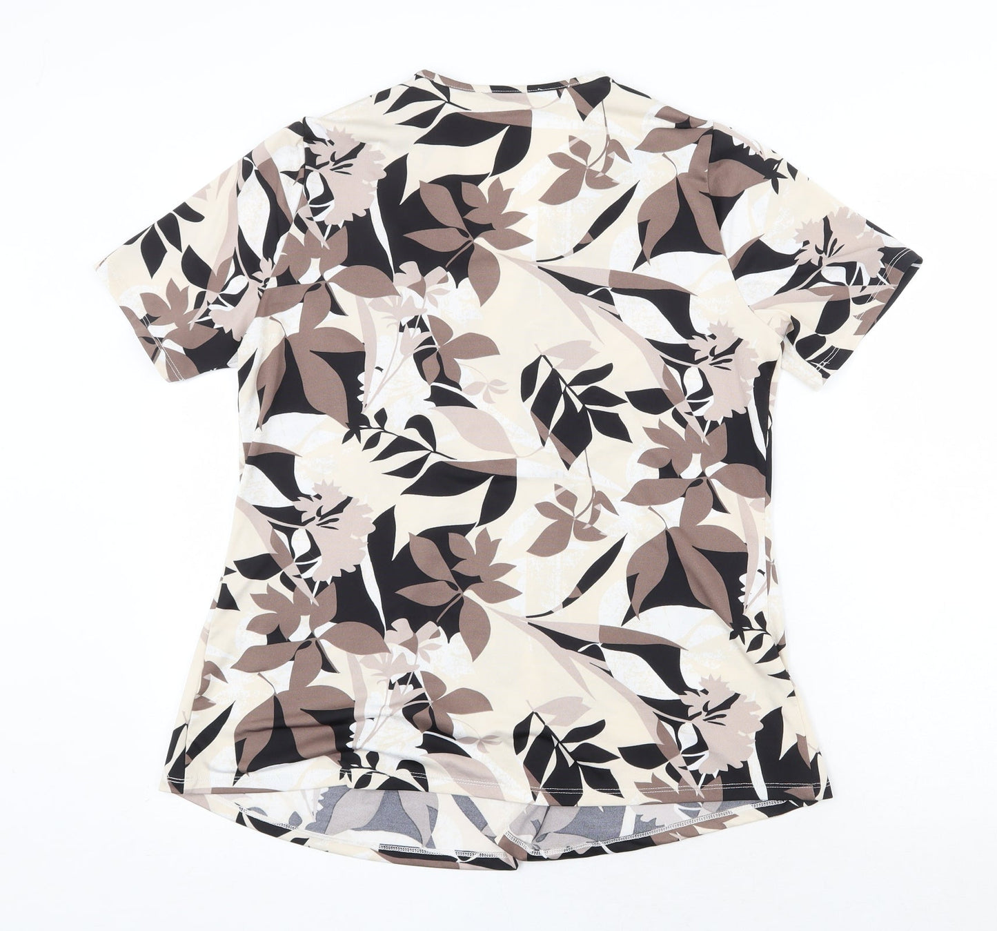 Crealine Womens Beige Geometric Polyester Basic T-Shirt Size 14 V-Neck - Leaf Print