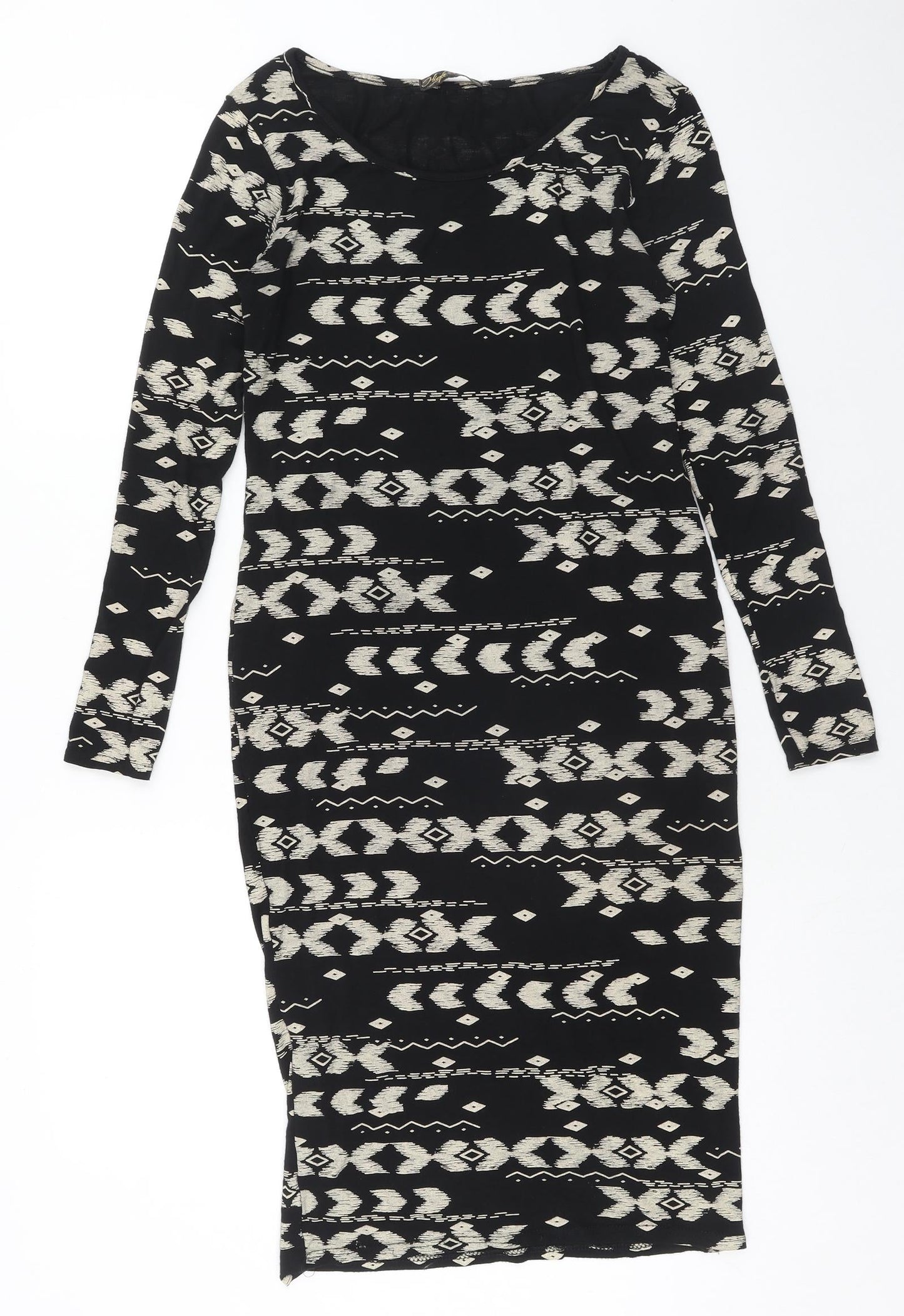 High Rose Womens Black Geometric Viscose Bodycon Size S Boat Neck Pullover