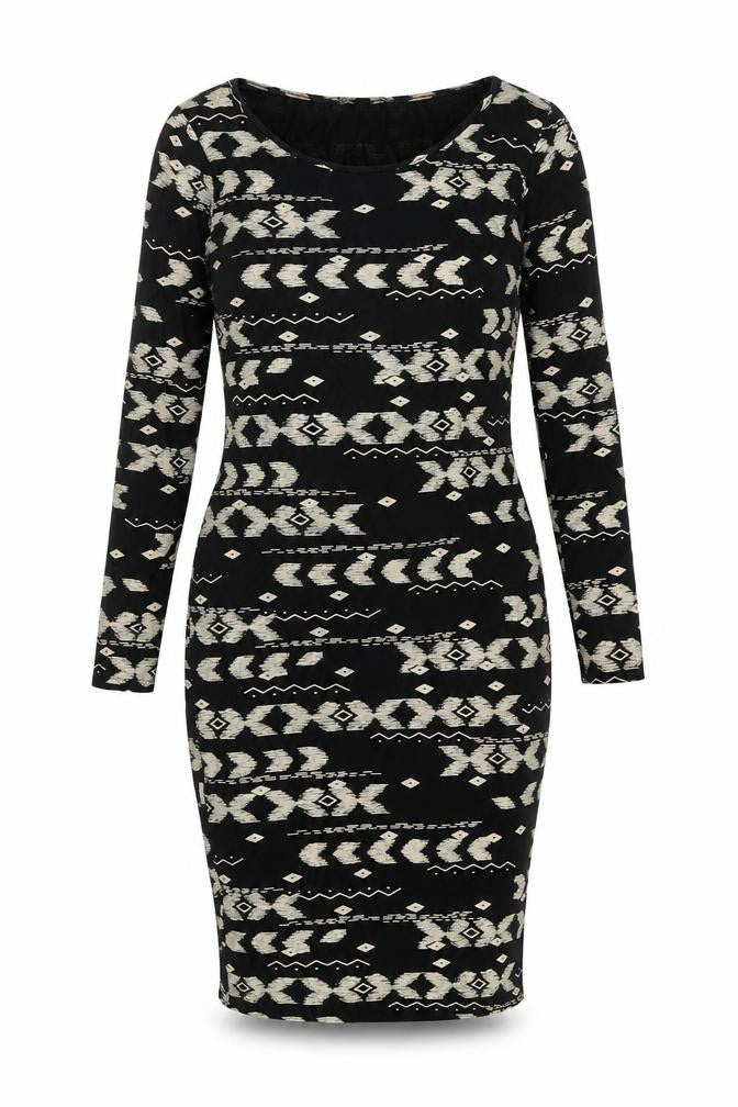 High Rose Womens Black Geometric Viscose Bodycon Size S Boat Neck Pullover