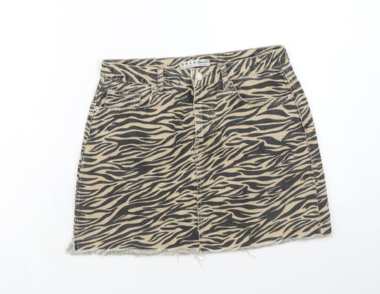 Denim & Co. Womens Brown Animal Print Cotton Mini Skirt Size 10 Button - Tiger Print