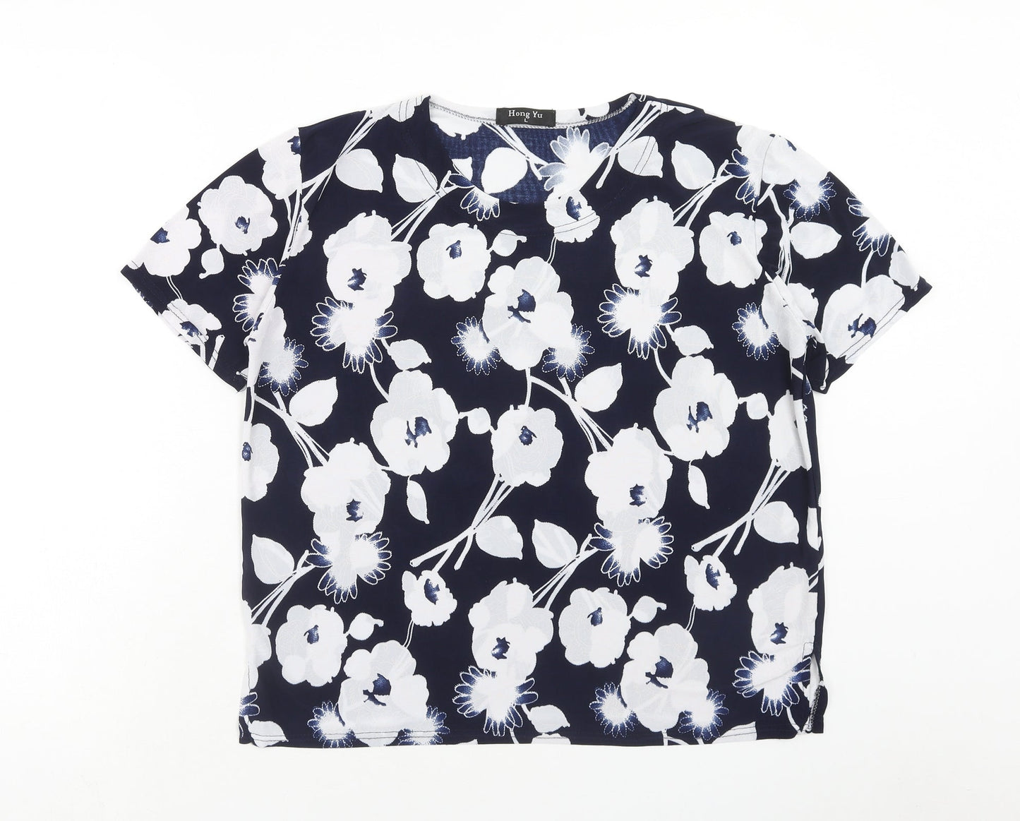 Hongyu Womens Blue Floral Polyester Basic T-Shirt Size L Round Neck