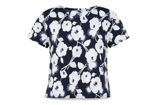Hongyu Womens Blue Floral Polyester Basic T-Shirt Size L Round Neck