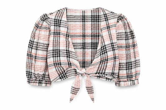 Urban Outfitters Womens Pink Plaid Cotton Cropped Blouse Size S V-Neck