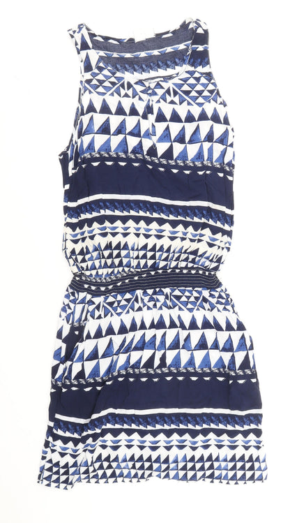 Next Womens Blue Geometric Viscose Tank Dress Size 8 Boat Neck Pullover