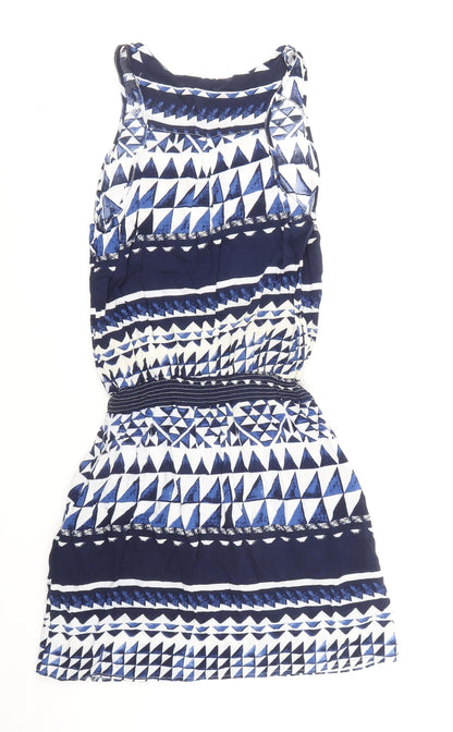 Next Womens Blue Geometric Viscose Tank Dress Size 8 Boat Neck Pullover