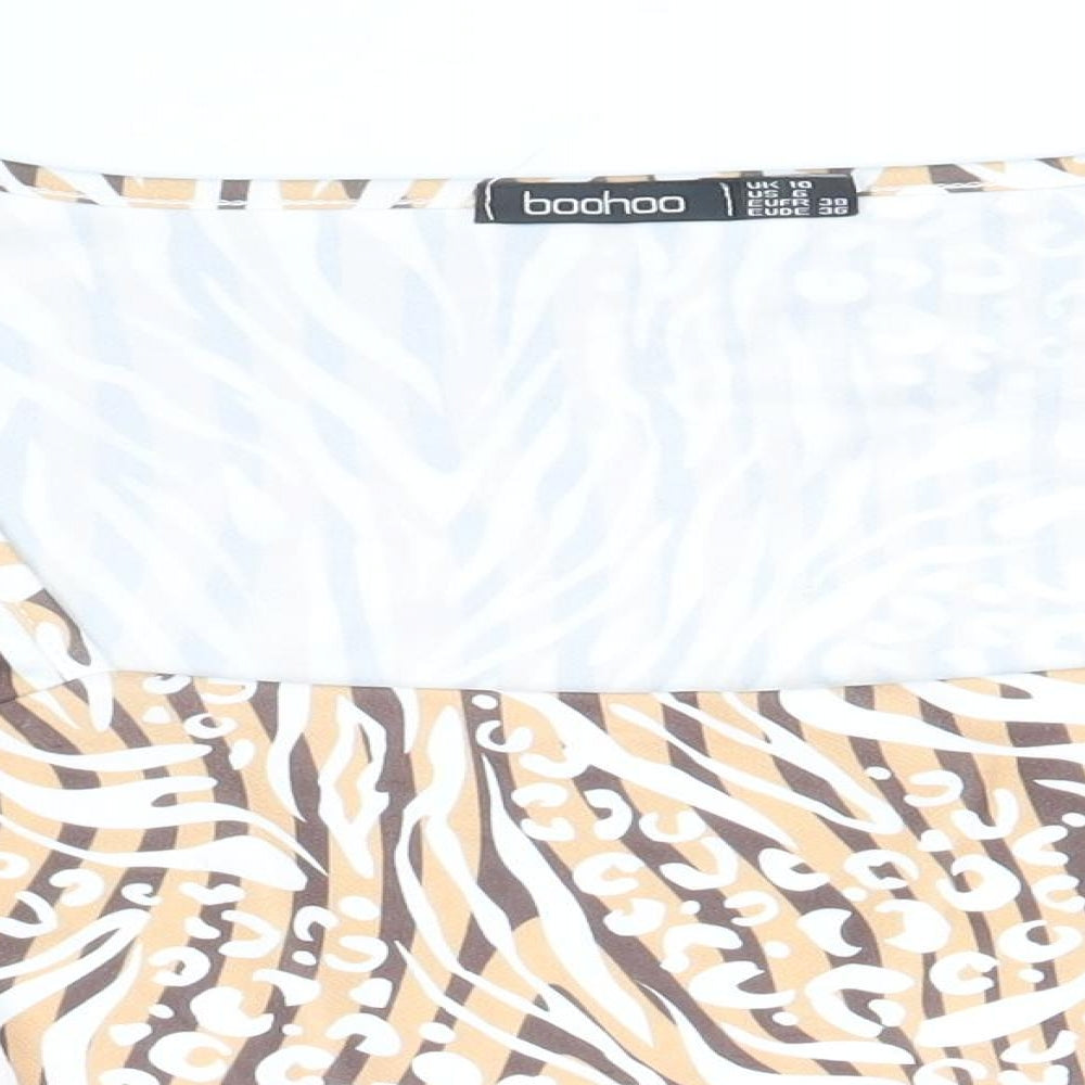 Boohoo Womens Beige Animal Print Polyester Cropped Blouse Size 10 Square Neck - Leopard Tiger Print