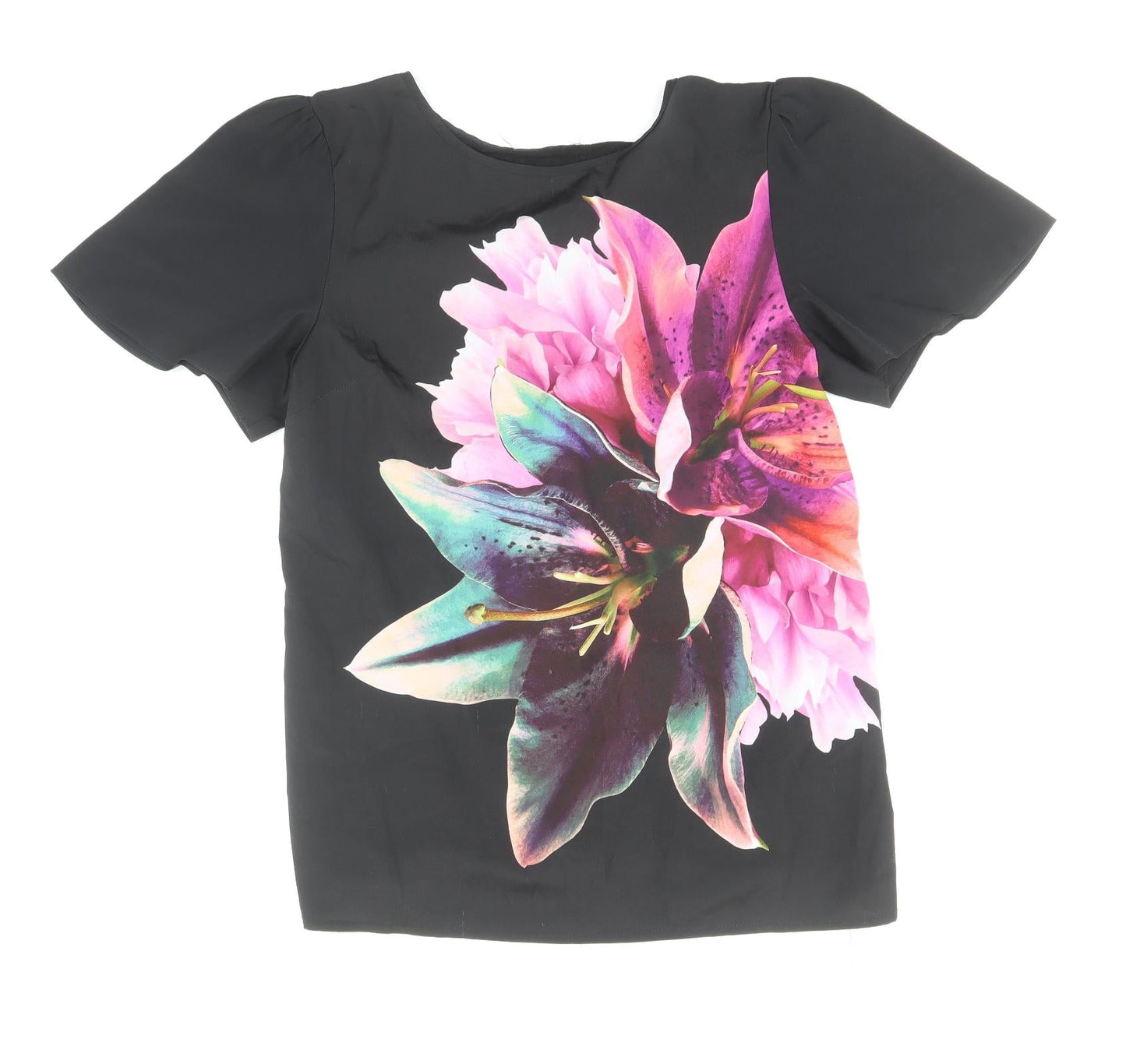 Oasis Womens Black Polyester Basic T-Shirt Size S Round Neck - Flower