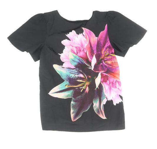 Oasis Womens Black Polyester Basic T-Shirt Size S Round Neck - Flower