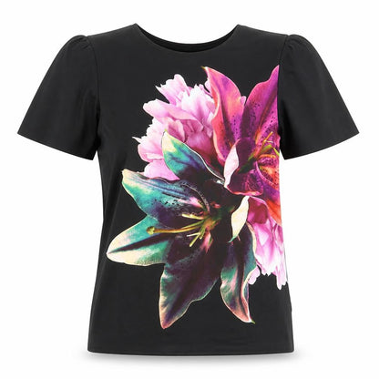 Oasis Womens Black Polyester Basic T-Shirt Size S Round Neck - Flower
