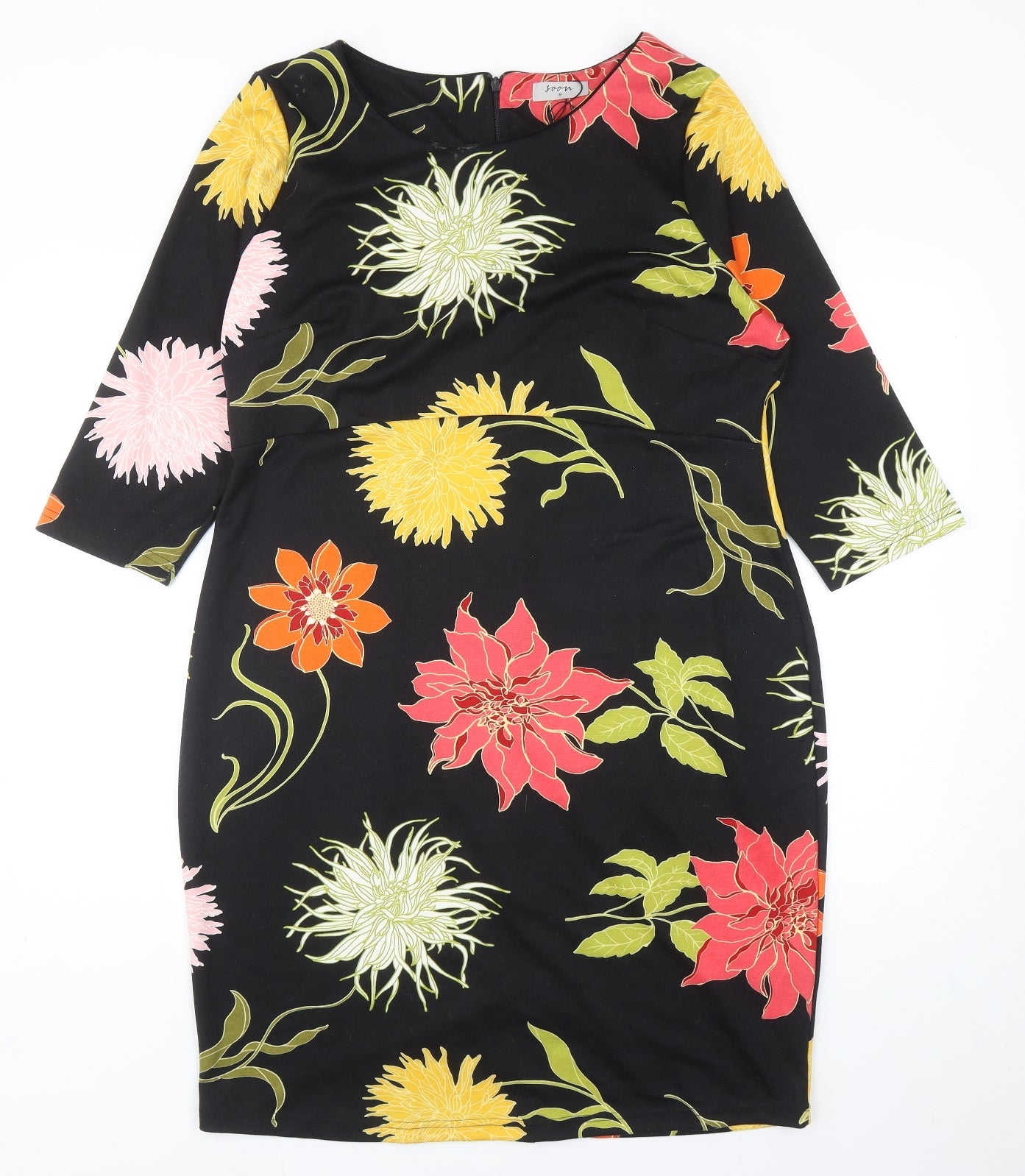 Soon Womens Black Floral Polyester Sheath Size 8 Boat Neck Zip