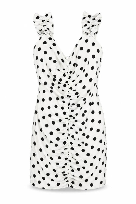 Womens White Polka Dot Polyester Bodycon Size S V-Neck Zip