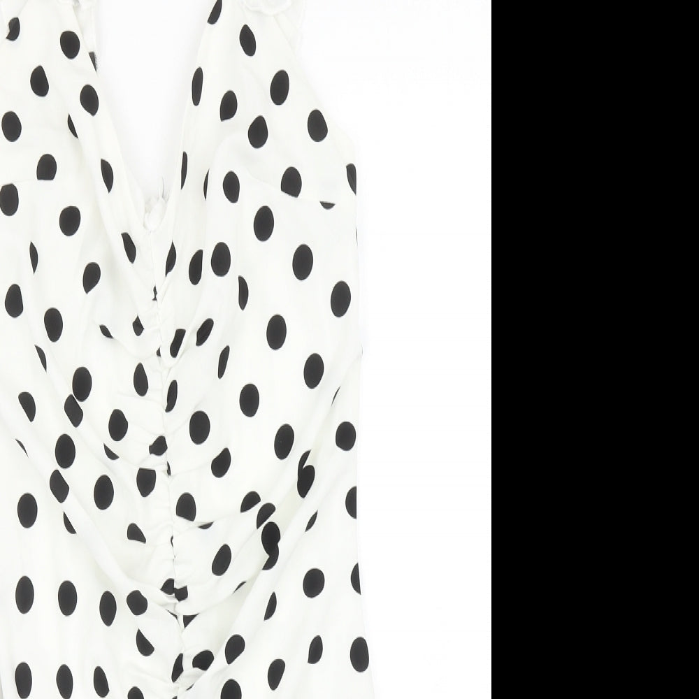 Preworn Womens White Polka Dot Polyester Bodycon Size S V-Neck Zip