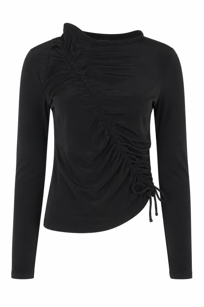 PRETTYLITTLETHING Womens Black Polyester Basic Blouse Size 6 Boat Neck - Tie Ruched Detail