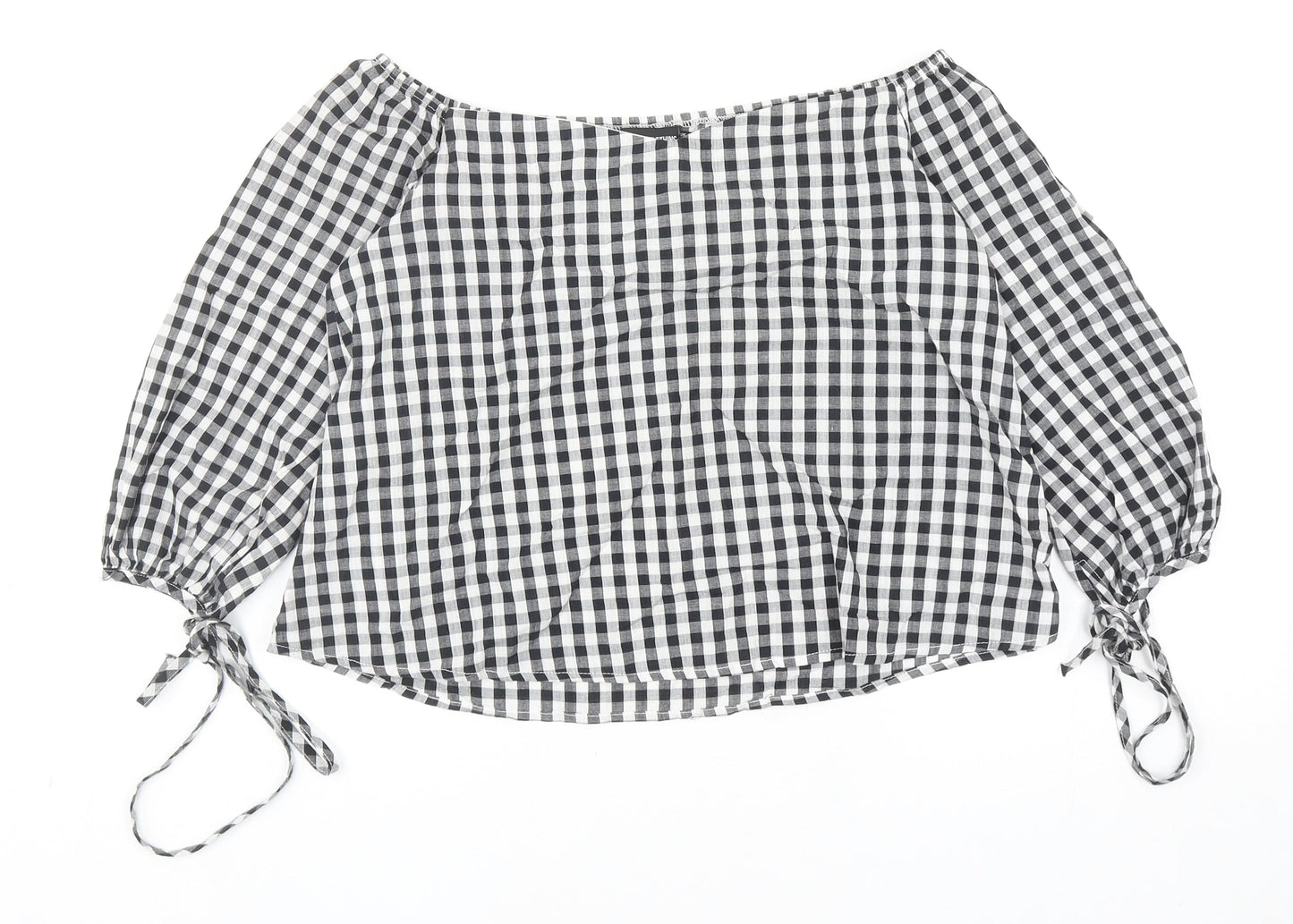 PRETTYLITTLETHING Womens Black Check Cotton Basic Blouse Size 8 Boat Neck