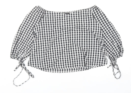 PRETTYLITTLETHING Womens Black Check Cotton Basic Blouse Size 8 Boat Neck