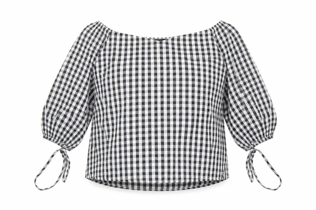 PRETTYLITTLETHING Womens Black Check Cotton Basic Blouse Size 8 Boat Neck