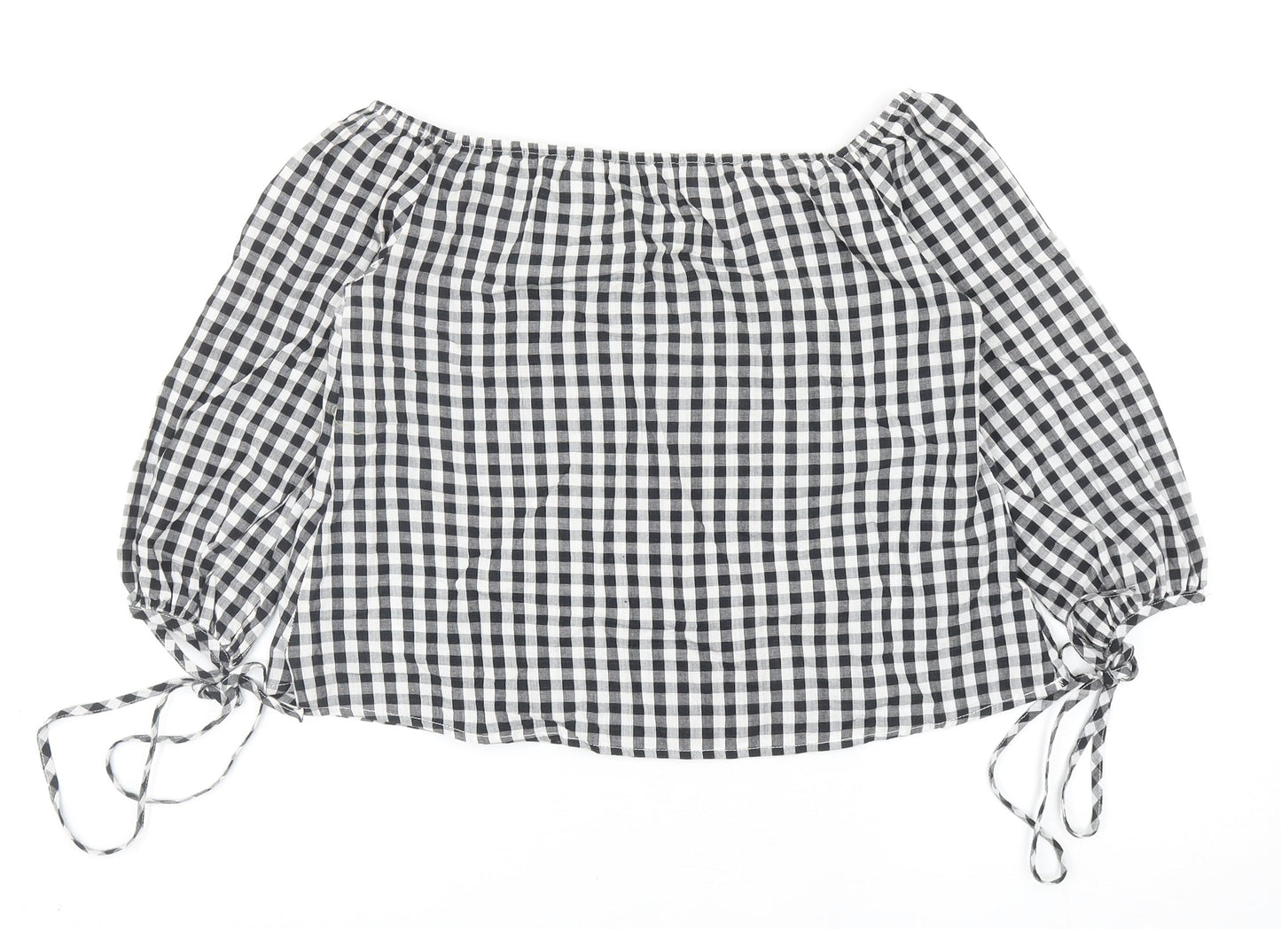 PRETTYLITTLETHING Womens Black Check Cotton Basic Blouse Size 8 Boat Neck