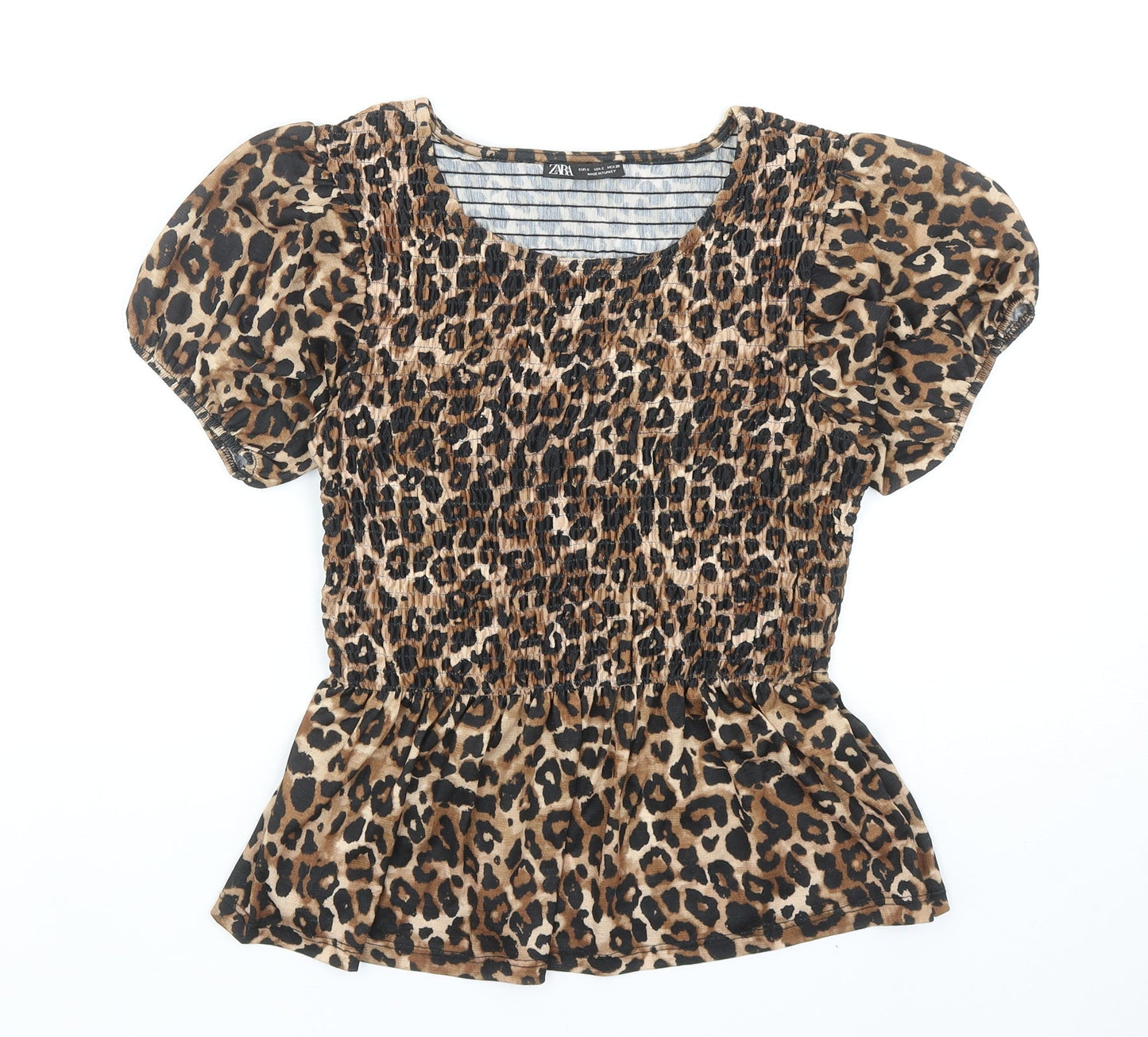 Zara Womens Brown Animal Print Polyester Basic Blouse Size S Round Neck