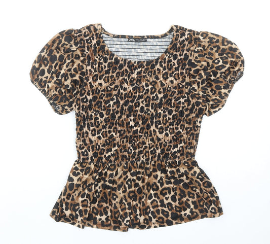 Zara Womens Brown Animal Print Polyester Basic Blouse Size S Round Neck