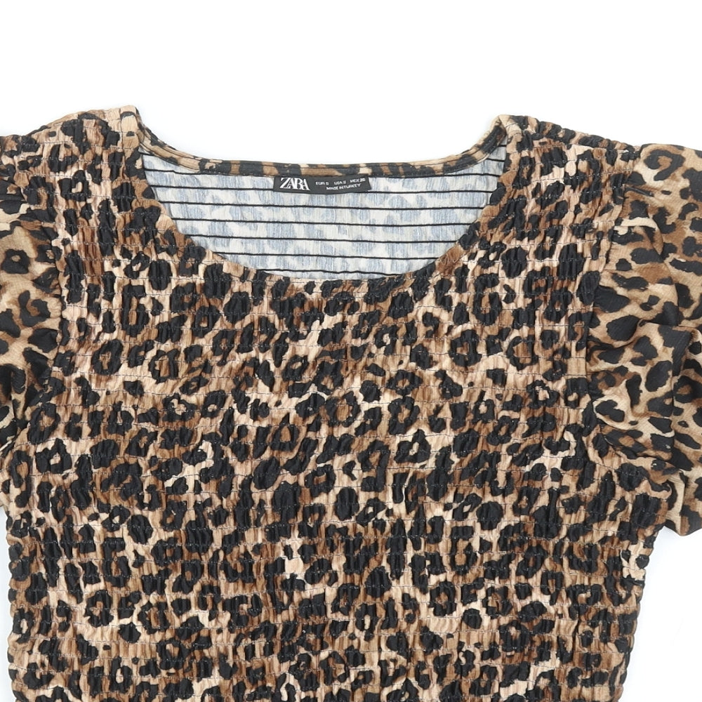 Zara Womens Brown Animal Print Polyester Basic Blouse Size S Round Neck