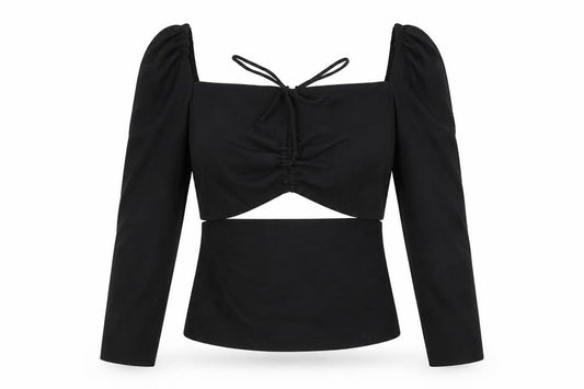 Zara Womens Black Linen Basic Blouse Size XS Square Neck - Cut Out Detail, Ruched