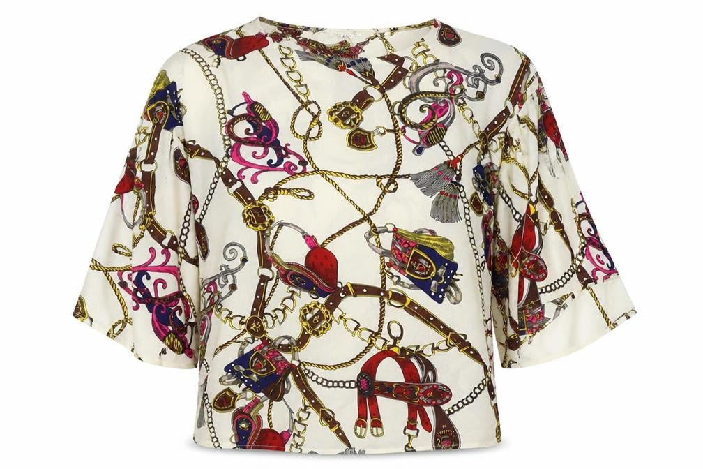 Urban mist Womens Multicoloured Geometric Viscose Basic Blouse Size M Round Neck